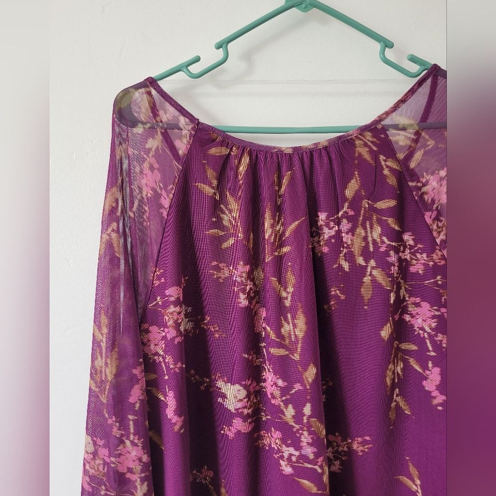 Purple Floral Sheer Mesh Plus Size Knit Blouse Top 3X Pullover V Neck Mature - Picture 7 of 8